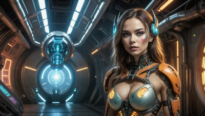 HQ,1girl,solo,long hair,breasts,looking at viewer,blue eyes,large breasts,brown hair,cleavage,medium breasts,upper body,parted lips,armor,lips,clothing cutout,bodysuit,tattoo,makeup,glowing,headgear,facial mark,cleavage cutout,lipstick,science fiction,realistic,nose,cable,cyborg,neon trim,cyberpunk,indoors,robot,dirty,hologram