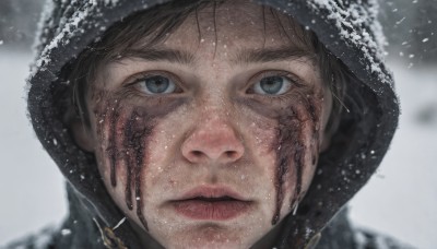 solo,looking at viewer,short hair,blue eyes,brown hair,black hair,1boy,closed mouth,male focus,outdoors,parted lips,hood,blurry,lips,grey eyes,blurry background,portrait,snow,close-up,hood up,snowing,realistic,nose,winter,straight-on,black eyes,scar,scar on face