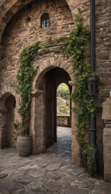 outdoors,day,no humans,window,plant,building,scenery,stairs,door,potted plant,road,wall,vines,brick wall,street,arch,alley,pavement,stone floor,brick,fantasy,ruins,pillar,stone wall,brick floor,ivy