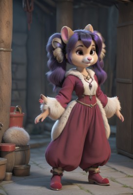 1girl,solo,long hair,looking at viewer,smile,bangs,hair ornament,long sleeves,animal ears,twintails,brown eyes,jewelry,closed mouth,standing,full body,purple hair,boots,outdoors,belt,pants,necklace,nail polish,blurry,fur trim,blurry background,red footwear,red nails,furry,pendant,furry female,body fur,white fur,animal nose,snout,baggy pants,barrel,puffy pants,dress,tail,shoes,artist name,flat chest,coat,fingernails,watermark,freckles,bucket,brown fur