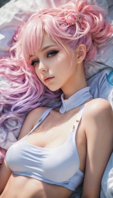 1girl,solo,long hair,breasts,looking at viewer,bangs,blue eyes,hair ornament,cleavage,bare shoulders,medium breasts,closed mouth,underwear,upper body,pink hair,lying,parted lips,on back,bra,lips,crop top,eyelashes,makeup,white bra,sports bra,pink lips,realistic,nose,green eyes,detached collar