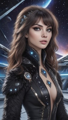 1girl,solo,long hair,breasts,looking at viewer,brown hair,hair ornament,cleavage,brown eyes,jewelry,medium breasts,upper body,small breasts,parted lips,open clothes,necklace,star (symbol),lips,fur trim,no bra,bodysuit,tiara,gem,star (sky),starry sky,science fiction,realistic,nose,center opening,unzipped,space,planet,bangs,hairband,eyelashes,makeup