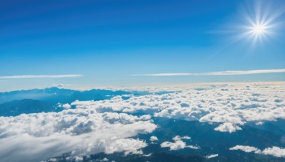 outdoors,sky,day,cloud,blue sky,no humans,sunlight,scenery,blue theme,mountain,sun,horizon,landscape,above clouds,ocean