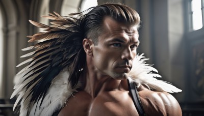 solo,long hair,blue eyes,black hair,1boy,holding,closed mouth,upper body,weapon,male focus,indoors,dark skin,holding weapon,blurry,gun,looking to the side,muscular,blurry background,facial hair,dark-skinned male,feathers,muscular male,portrait,realistic,manly,hair slicked back,hair ornament,feather hair ornament