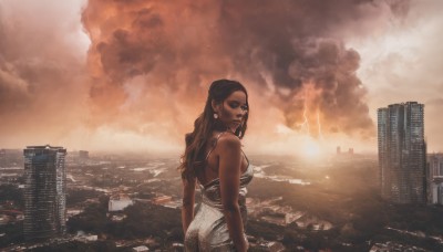 1girl,solo,long hair,breasts,looking at viewer,brown hair,black hair,dress,bare shoulders,jewelry,medium breasts,earrings,outdoors,sky,looking back,cloud,dark skin,from behind,dark-skinned female,lips,sideboob,makeup,cloudy sky,fire,building,smoke,city,realistic,cityscape,skyscraper,ass,scenery,lightning