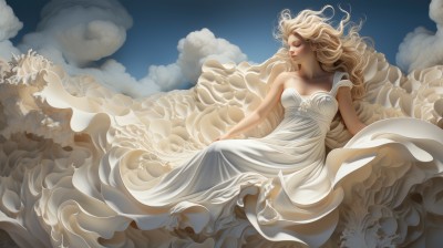 1girl,solo,long hair,breasts,blonde hair,dress,bare shoulders,collarbone,closed eyes,sky,cloud,white dress,lips,strapless,floating hair,cloudy sky,wind,strapless dress,realistic,nose,long dress,white theme,cleavage,medium breasts,day,artist name,blue sky,makeup,watermark,web address,skirt hold