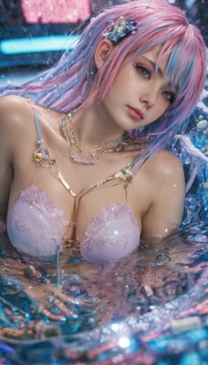 1girl,solo,long hair,breasts,looking at viewer,bangs,blue eyes,hair ornament,cleavage,bare shoulders,jewelry,medium breasts,closed mouth,underwear,collarbone,swimsuit,upper body,pink hair,multicolored hair,earrings,water,necklace,bra,blurry,lips,wet,ring,lingerie,gem,lace,partially submerged,white bra,rain,realistic,lace-trimmed bra,blue hair,lying,parted lips,artist name,streaked hair,head tilt,petals,eyelashes,makeup,depth of field,watermark,underwear only,web address,water drop,pink lips,nose,purple bra