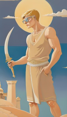 solo,blonde hair,1boy,holding,standing,weapon,male focus,outdoors,sky,glasses,sword,cloud,holding weapon,muscular,parody,holding sword,moon,sunglasses,full moon,hand in pocket,sun,statue,tunic,short hair,shorts,sleeveless,day,profile,feet out of frame,tank top,knife,sand,dagger