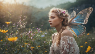 1girl, solo, long hair, blue eyes, blonde hair, hair ornament, dress, bare shoulders, upper body, braid, flower, outdoors, wings, hair flower, blurry, lips, depth of field, blurry background, realistic, fairy wings, fairy, butterfly wings