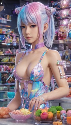 1girl,solo,long hair,breasts,looking at viewer,bangs,blue eyes,cleavage,bare shoulders,twintails,jewelry,medium breasts,closed mouth,underwear,blue hair,collarbone,swimsuit,upper body,pink hair,bikini,multicolored hair,earrings,food,choker,indoors,hair bun,nail polish,bra,bracelet,lips,fingernails,double bun,fruit,lingerie,blue nails,bowl,realistic,two-tone hair,gradient hair,piercing,ring,orange (fruit),banana