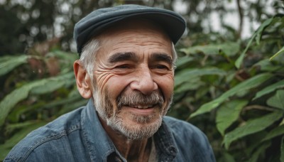 solo,looking at viewer,smile,shirt,1boy,hat,closed mouth,jacket,closed eyes,upper body,white hair,grey hair,male focus,outdoors,blurry,depth of field,blurry background,facial hair,thick eyebrows,plant,denim,portrait,facing viewer,beard,blue headwear,realistic,mustache,manly,old,old man,wrinkled skin,day,collared shirt,signature,blue shirt,blue jacket,denim jacket