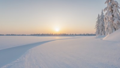 monochrome,outdoors,sky,cloud,tree,no humans,nature,scenery,snow,forest,sunset,mountain,sun,winter,landscape,sunrise,pine tree,1girl,water,blue sky,ocean,horizon,bare tree