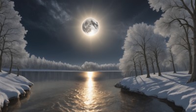 outdoors,sky,cloud,water,tree,no humans,night,moon,star (sky),nature,night sky,scenery,snow,full moon,forest,starry sky,reflection,rock,sun,winter,bare tree,river,lake,moonlight,reflective water,mountain,landscape