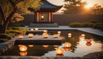 outdoors,sky,water,blurry,tree,no humans,grass,building,nature,scenery,reflection,sunset,lantern,rock,bush,architecture,east asian architecture,river,paper lantern,pond,reflective water,cloud,plant,house,evening