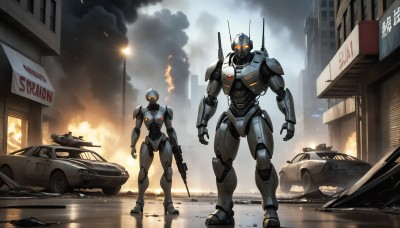 HQ,holding,standing,weapon,outdoors,multiple boys,2boys,holding weapon,armor,gun,military,no humans,glowing,helmet,fire,robot,ground vehicle,building,holding gun,mecha,motor vehicle,rifle,smoke,science fiction,city,realistic,military vehicle,car,road,assault rifle,explosion,tank,police,street,damaged,radio antenna,truck,sky,cloud,orange eyes,3boys,glowing eyes,reflection,sign