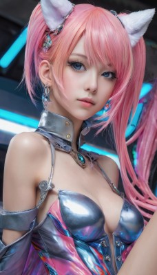 1girl,solo,long hair,breasts,looking at viewer,bangs,blue eyes,hair ornament,animal ears,cleavage,bare shoulders,twintails,jewelry,medium breasts,upper body,pink hair,earrings,parted lips,shiny,cat ears,lips,makeup,detached collar,fake animal ears,realistic,nose,eyelashes,shiny clothes