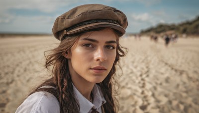 1girl,solo,long hair,looking at viewer,brown hair,shirt,hat,brown eyes,white shirt,upper body,braid,outdoors,parted lips,sky,day,collared shirt,blurry,twin braids,blue sky,lips,depth of field,blurry background,portrait,freckles,realistic,nose,brown headwear,cabbie hat,field,photo background,solo focus,cloud,vest,thick eyebrows,messy hair,desert