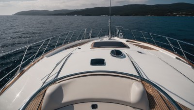 solo,outdoors,sky,cloud,water,no humans,ocean,scenery,reflection,mountain,horizon,watercraft,vehicle focus,ship,waves,boat,grey sky,day,cloudy sky,aircraft,airplane