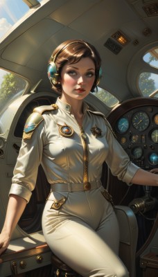 1girl,solo,breasts,looking at viewer,short hair,blue eyes,brown hair,shirt,brown eyes,medium breasts,sitting,white shirt,outdoors,parted lips,sky,day,belt,pants,artist name,cloud,signature,uniform,tree,blue sky,lips,military,military uniform,headphones,sunlight,ground vehicle,motor vehicle,sleeves rolled up,zipper,headset,science fiction,realistic,white pants,nose,red lips,badge,cockpit,high-waist pants,blush,jacket,makeup,lipstick,freckles,tight,tight pants