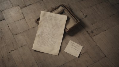 monochrome,indoors,no humans,from above,scenery,wooden floor,paper,letter,brown theme,still life,english text,shadow,floor,stone floor,wooden table,wood,brick floor