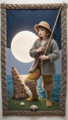 1girl,solo,brown hair,long sleeves,hat,holding,brown eyes,closed mouth,standing,full body,weapon,boots,outdoors,sky,pants,water,holding weapon,lips,ocean,border,moon,full moon,freckles,curly hair,rock,straw hat,fishing rod,fine art parody,holding fishing rod,breasts,short hair,fishing