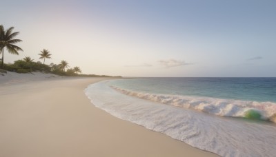 outdoors,sky,day,cloud,water,tree,blue sky,no humans,ocean,beach,scenery,sunset,sand,palm tree,horizon,shore,waves,island