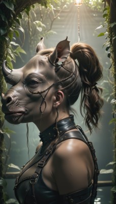 1girl,solo,long hair,breasts,brown hair,cleavage,bare shoulders,medium breasts,upper body,ponytail,braid,outdoors,horns,dark skin,collar,from side,dark-skinned female,tree,mask,leaf,plant,leather,lips,chain,bound,sunlight,bdsm,bondage,realistic,nose piercing