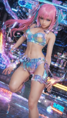 1girl,solo,long hair,breasts,looking at viewer,smile,blue eyes,navel,cleavage,bare shoulders,twintails,jewelry,medium breasts,standing,swimsuit,pink hair,bikini,multicolored hair,midriff,belt,nail polish,bracelet,lips,thigh strap,science fiction,city,neon lights,shorts,holographic interface