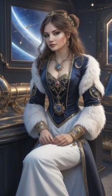 1girl,solo,long hair,breasts,looking at viewer,skirt,brown hair,long sleeves,dress,cleavage,brown eyes,jewelry,medium breasts,sitting,earrings,indoors,necklace,hair bun,bracelet,lips,fur trim,window,blue dress,chair,single hair bun,tiara,crown,gem,star (sky),pendant,gold trim,realistic,nose,space,planet,earth (planet),hands on lap,globe,white dress,watermark,wavy hair,ring,gold