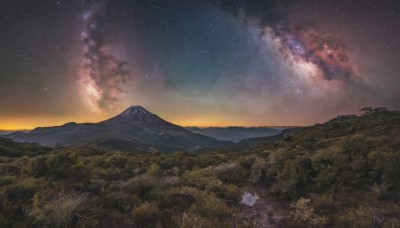 outdoors,sky,cloud,tree,no humans,night,grass,star (sky),nature,night sky,scenery,forest,starry sky,sunset,mountain,twilight,landscape,mountainous horizon,gradient sky,milky way,horizon