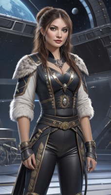 1girl,solo,long hair,breasts,looking at viewer,smile,brown hair,cleavage,brown eyes,jewelry,medium breasts,standing,earrings,belt,pants,signature,hair bun,armor,lips,fur trim,makeup,black pants,single hair bun,lipstick,star (sky),science fiction,realistic,nose,red lips,space,planet,earth (planet),spacecraft,gloves,cowboy shot,necklace,hoop earrings