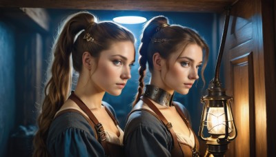 long hair,breasts,looking at viewer,blue eyes,multiple girls,brown hair,hair ornament,2girls,cleavage,medium breasts,closed mouth,upper body,ponytail,braid,small breasts,choker,indoors,blurry,collar,lips,siblings,halo,high ponytail,sisters,dual persona,twins,lantern,realistic,nose,angel,lamp,brown eyes