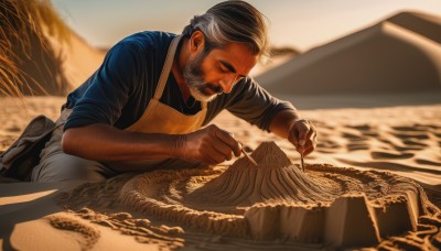 solo,short hair,shirt,1boy,holding,closed eyes,white hair,grey hair,male focus,outdoors,day,collared shirt,pants,blurry,apron,kneeling,depth of field,blurry background,facial hair,blue shirt,beard,sleeves rolled up,mature male,realistic,mustache,sand,old,old man,arm hair,wheat,black hair,long sleeves,closed mouth,food,water,black shirt,ocean,beach,parody,looking down,cooking,shore,fine art parody,log