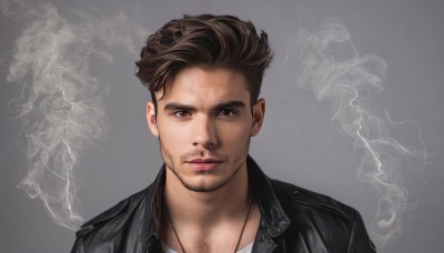 solo,looking at viewer,short hair,simple background,brown hair,shirt,1boy,brown eyes,jewelry,closed mouth,jacket,male focus,grey background,necklace,lips,black jacket,facial hair,portrait,smoke,realistic,stubble,leather,leather jacket,white shirt,upper body,open clothes,open jacket,thick eyebrows,muscular male,bara,beard,mature male,undercut,chest hair