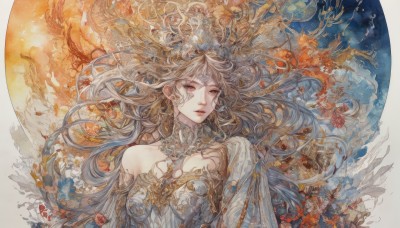 1girl,solo,long hair,breasts,looking at viewer,blonde hair,dress,bare shoulders,jewelry,upper body,flower,grey hair,earrings,parted lips,detached sleeves,white dress,lips,grey eyes,detached collar,floating hair,facial mark,traditional media,moon,bangs,necklace,white flower