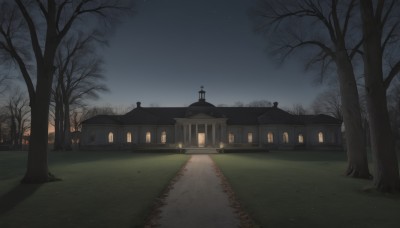 outdoors,sky,cloud,tree,no humans,window,night,grass,cross,building,star (sky),night sky,scenery,starry sky,fence,road,house,lamppost,bare tree,path,church,nature,door,bush,dark,field