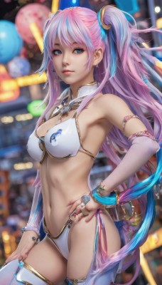 1girl,solo,long hair,breasts,looking at viewer,bangs,blue eyes,hair ornament,thighhighs,navel,cleavage,twintails,jewelry,medium breasts,closed mouth,underwear,blue hair,standing,swimsuit,pink hair,bikini,multicolored hair,cowboy shot,detached sleeves,armpits,stomach,nail polish,blurry,bracelet,two-tone hair,white thighhighs,two side up,lips,streaked hair,hand on hip,detached collar,blurry background,white bikini,ring,revealing clothes,bridal gauntlets,pink nails,armlet,realistic,nose,bikini armor,bare shoulders,fingernails,depth of field