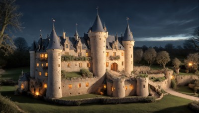 HQ,outdoors,sky,cloud,tree,no humans,window,night,bird,cloudy sky,grass,fire,building,nature,night sky,scenery,forest,mountain,fantasy,road,house,bare tree,castle,tower,path,church,moon,stairs,bush,bridge,torch