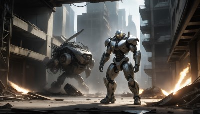 HQ,standing,weapon,outdoors,signature,armor,military,no humans,glowing,fire,robot,building,mecha,science fiction,city,realistic,military vehicle,ruins,damaged,power armor,debris,dust,rubble,ground vehicle,glowing eyes,motor vehicle,smoke,cable,dirty,embers,destruction,radio antenna,sparks,super robot