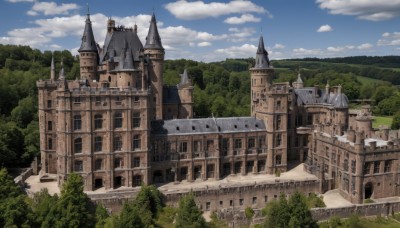 outdoors,sky,day,cloud,tree,blue sky,no humans,cloudy sky,building,nature,scenery,forest,mountain,fantasy,architecture,house,castle,tower,landscape,grass,cityscape