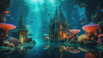 water,no humans,ocean,animal,sunlight,building,scenery,fish,bubble,light rays,city,underwater,fantasy,air bubble,architecture,sunbeam,ruins,mushroom,castle,whale,turtle,coral,outdoors,signature,tower