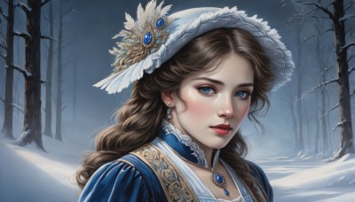 1girl,solo,long hair,looking at viewer,blue eyes,brown hair,hat,dress,jewelry,earrings,outdoors,parted lips,sky,choker,necklace,tree,lips,eyelashes,makeup,night,blue dress,white headwear,wavy hair,feathers,lipstick,brooch,gem,portrait,nature,snow,forest,curly hair,snowing,realistic,red lips,hat feather,winter,bare tree,blush,bangs,upper body,braid,parted bangs,lace,hat ornament,nose,bonnet