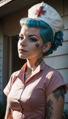 1girl,solo,breasts,looking at viewer,short hair,hat,brown eyes,jewelry,blue hair,upper body,short sleeves,earrings,small breasts,parted lips,indoors,hair bun,mole,blurry,lips,eyelashes,aqua hair,tattoo,makeup,buttons,blurry background,piercing,cross,lipstick,eyeshadow,freckles,realistic,nose,nurse cap,red lips,stud earrings,nurse,arm tattoo,medium breasts,watermark,facial tattoo