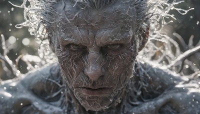 solo,looking at viewer,short hair,1boy,brown eyes,closed mouth,yellow eyes,white hair,male focus,water,blurry,blurry background,portrait,veins,grey hair,lips,grey eyes,depth of field,close-up,serious,realistic