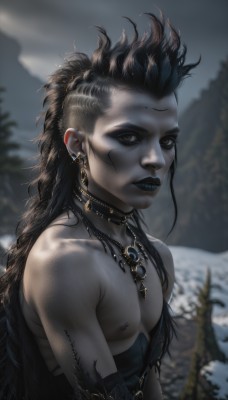 1girl,solo,long hair,looking at viewer,brown hair,black hair,1boy,bare shoulders,jewelry,closed mouth,nipples,collarbone,upper body,male focus,earrings,outdoors,choker,necklace,blurry,black eyes,tree,lips,makeup,blurry background,facial mark,piercing,lipstick,ear piercing,nipple piercing,black lips,brown eyes,teeth,artist name,colored skin,feathers,realistic,facepaint,grey skin,neck ring,blue lips,nose piercing,lip piercing,eyebrow piercing