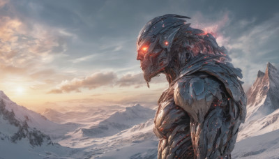 solo, upper body, outdoors, sky, cloud, armor, no humans, glowing, robot, scenery, science fiction, mountain, mountainous horizon