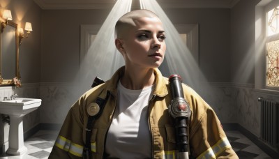 1girl,solo,short hair,blonde hair,shirt,1boy,jewelry,jacket,white shirt,upper body,weapon,male focus,earrings,parted lips,open clothes,indoors,dark skin,open jacket,lips,gun,looking to the side,sunlight,t-shirt,light rays,realistic,nose,candle,yellow jacket,bald,very short hair,checkered floor,candlestand,blue eyes,white hair,window,table,brown jacket,light,lamp,sunbeam,mohawk