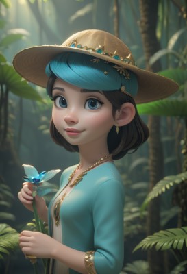 1girl,solo,breasts,looking at viewer,smile,short hair,blue eyes,brown hair,black hair,long sleeves,hat,dress,holding,jewelry,closed mouth,blue hair,upper body,flower,earrings,small breasts,outdoors,day,artist name,necklace,blurry,bracelet,from side,tree,lips,eyelashes,depth of field,blurry background,blue dress,leaf,bug,plant,butterfly,nature,forest,freckles,sun hat,realistic,nose,straw hat,holding flower,blush,bangs,shirt,nail polish,makeup,sunlight,thick eyebrows,gem,web address