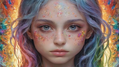 1girl,solo,long hair,looking at viewer,blue eyes,closed mouth,blue hair,pink hair,flower,multicolored hair,lips,grey eyes,eyelashes,gradient hair,makeup,wavy hair,expressionless,portrait,close-up,freckles,realistic,nose,colorful,mascara,eye focus,artist name,leaf,forehead,straight-on