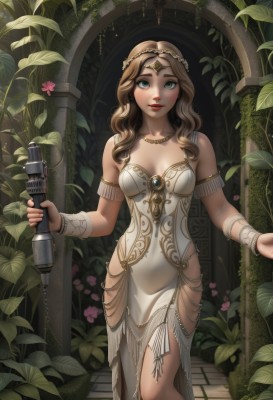 1girl,solo,long hair,breasts,looking at viewer,smile,blue eyes,blonde hair,brown hair,dress,holding,cleavage,bare shoulders,jewelry,medium breasts,green eyes,standing,weapon,flower,parted lips,sleeveless,artist name,necklace,holding weapon,white dress,bracelet,lips,makeup,sleeveless dress,feet out of frame,leaf,wavy hair,tiara,plant,gem,pelvic curtain,pink flower,armlet,side slit,circlet,red lips,hip vent,vines,pillar,arch,column,head chain,ivy,microphone